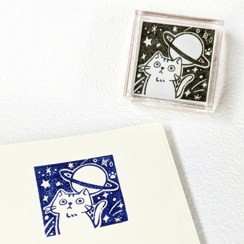 宇宙 ねこ ＊ はんこ【アクリル】 30mm ゴム印 スタンプ イラスト 手帳