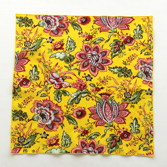 ハンドスクリーン（手捺染）プリント ハンカチ（花鳥風月/イエロー）14 2枚目の画像
