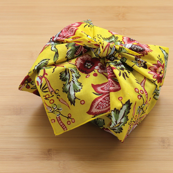 ハンドスクリーン（手捺染）プリント ハンカチ（花鳥風月/イエロー）14 5枚目の画像