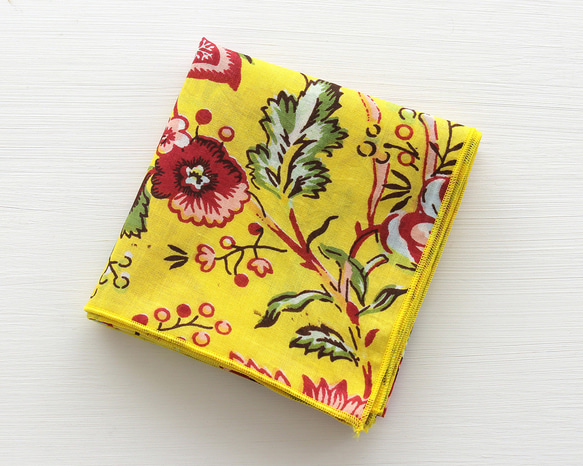 ハンドスクリーン（手捺染）プリント ハンカチ（花鳥風月/イエロー）14 1枚目の画像