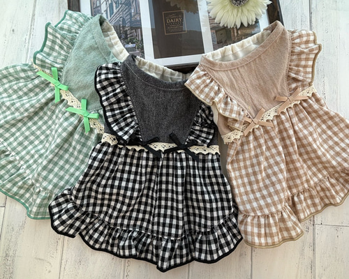 ハンドメイド　ピュアベリー柄立ち襟バルーンチュニック　木の実　犬服 ハンドメイド ぽこぽこリップル花柄立ち襟バルーンチュニック 犬