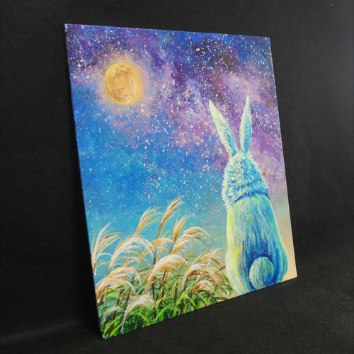 油絵 油彩 油彩画 絵 絵画【雪の朝日小さいウサギ達】 油絵 油彩 油彩画 絵 絵画【お月見に満月の星空を見上げるウサギ