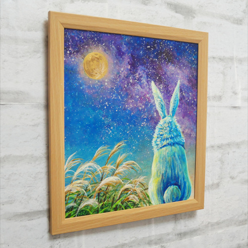油絵 油彩 油彩画 絵 絵画【お月見に満月の星空を見上げるウサギ