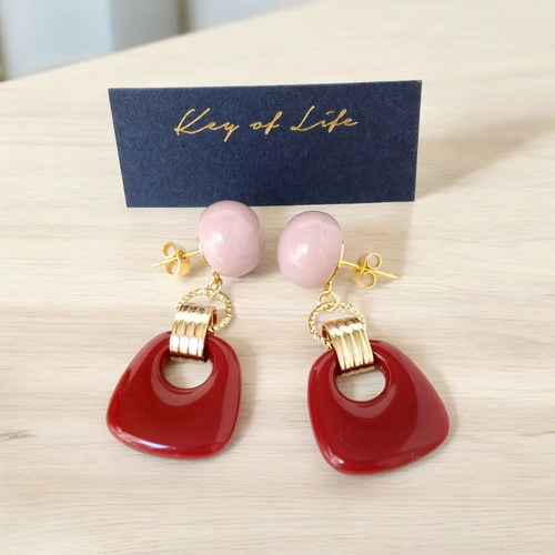 Key of Life▷秋冬レトロ ピンク×レッド 大ぶり ピアス/イヤリング 