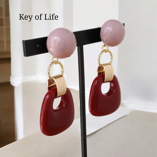 Key of Life▷秋冬レトロ ピンク×レッド 大ぶり ピアス/イヤリング 