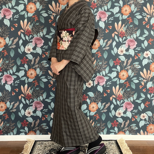 マニッシュなグレーチェック木綿着物 着物 花鹿 kajika 通販 18228218