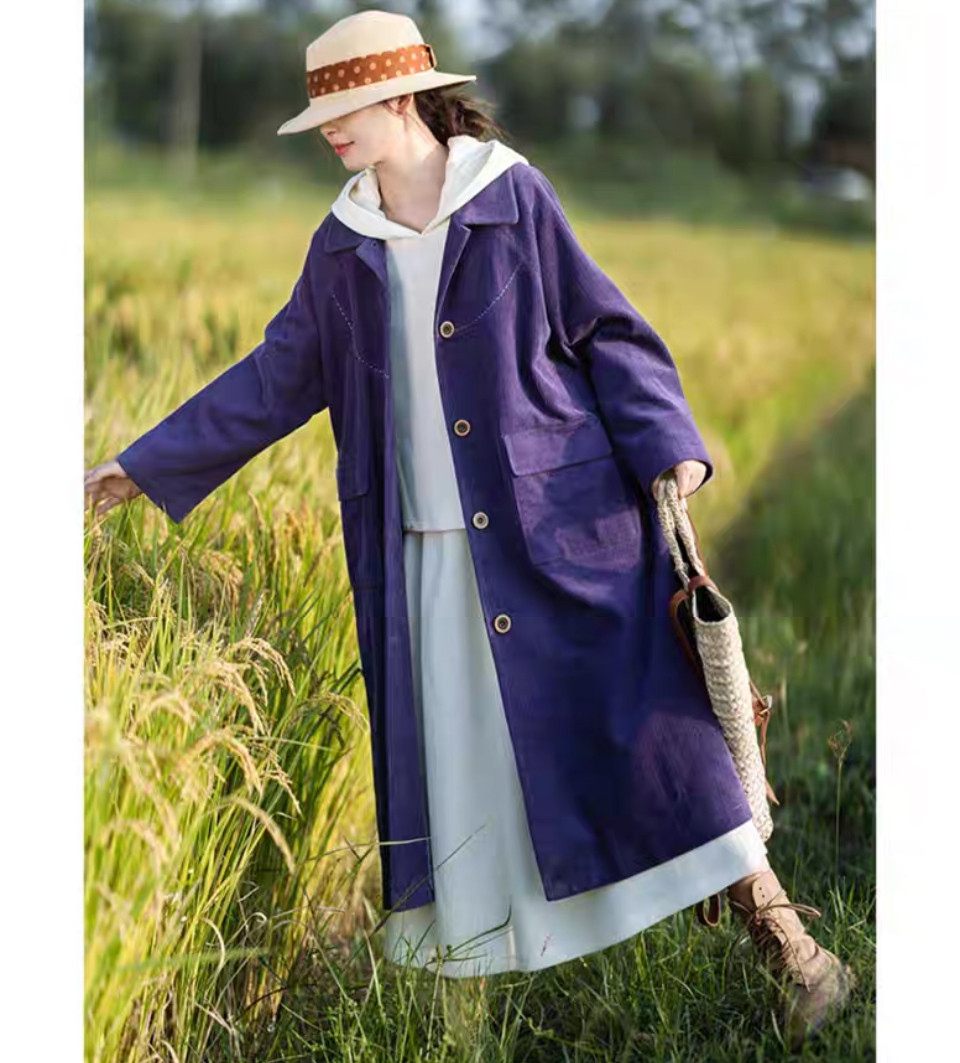 ステッチがアクセント　コーデユロイのスプリングコート　ゆったりシルエット【春秋】パープル