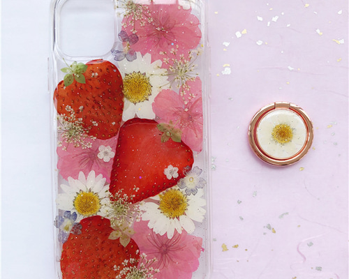 いちごケース 桜 iPhone17e/17Pro/17ProMax/GalaxyS26 押し花ケース