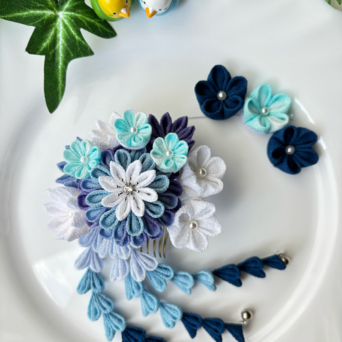 水色 着物用アクセサリーセット つまみ細工 髪飾り 浴衣 着物 七五三 成人式 結婚式 水色 青