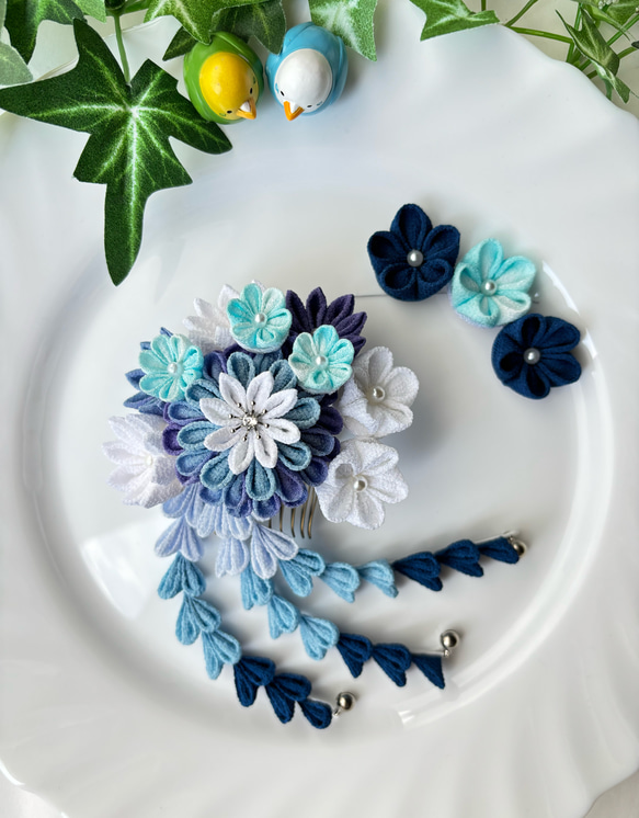 つまみ細工 髪飾り 浴衣 着物 七五三 成人式 結婚式 水色 青 ヘッド