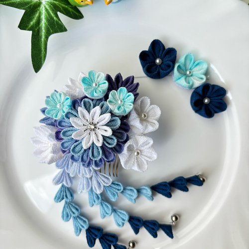 つまみ細工 髪飾り 浴衣 着物 七五三 成人式 結婚式 水色 青 ヘッド