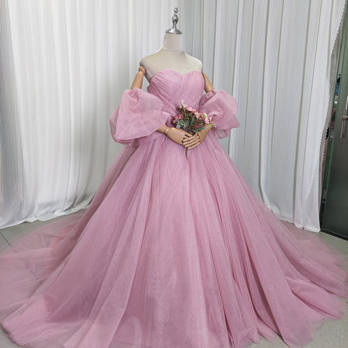 【送料込】ピンク グリッター カラードレス パニエ付 ボリュームチュールドレス 送料無料！人気上昇！ カラードレス ピンク キラキラグリッター