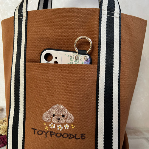 トイプードル刺繍❀✿❀帆布生地お出かけトートバッグ キャメル
