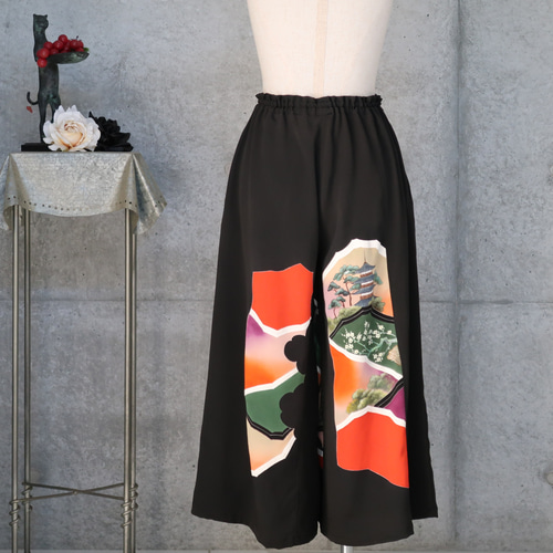 黒留 ワイドパンツ フリーサイズ 着物リメイク キュロット・ワイド