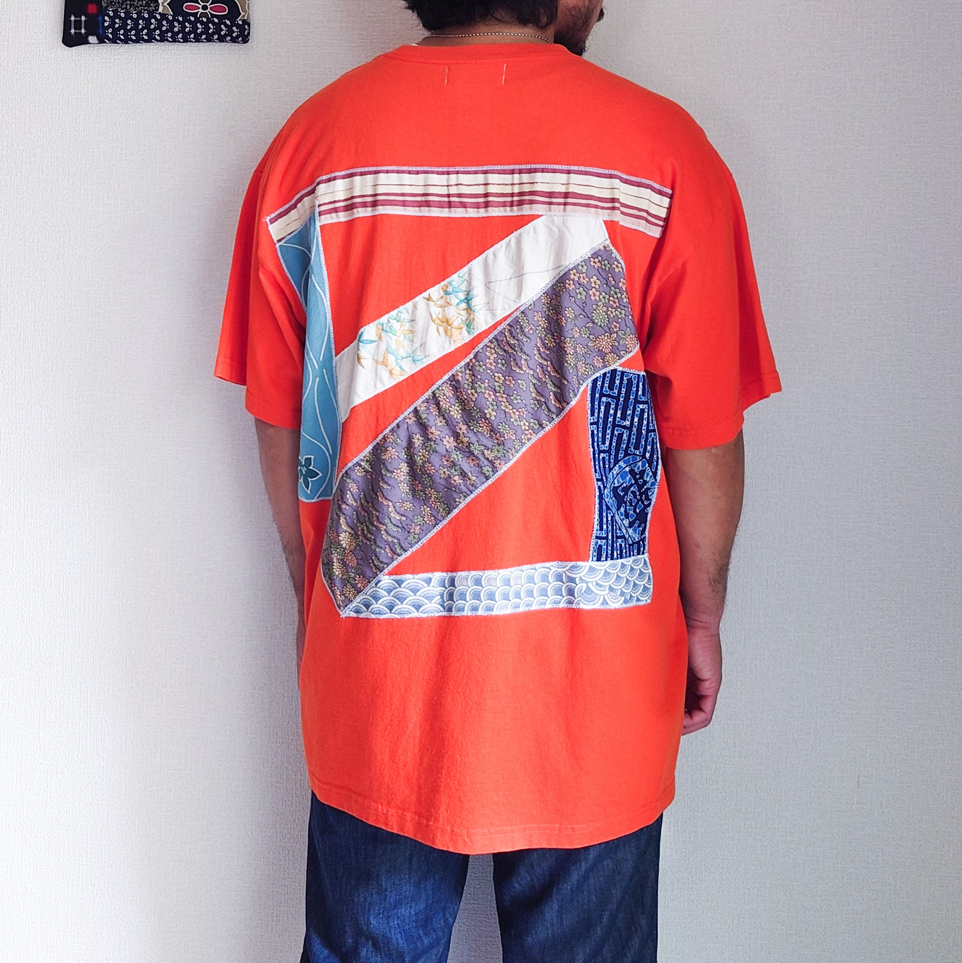 Acote パッチワーク Tシャツ ブロック パッチワーク オレンジ 着物リメイク kimono