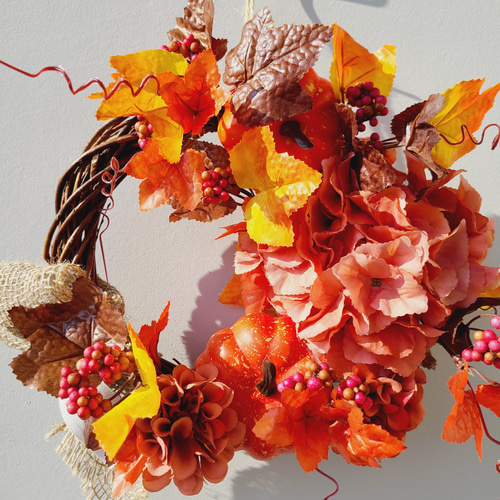 秋ハロウィンFLOWERリース 大きな紫陽花 オータムベリー リース NOZOMI  