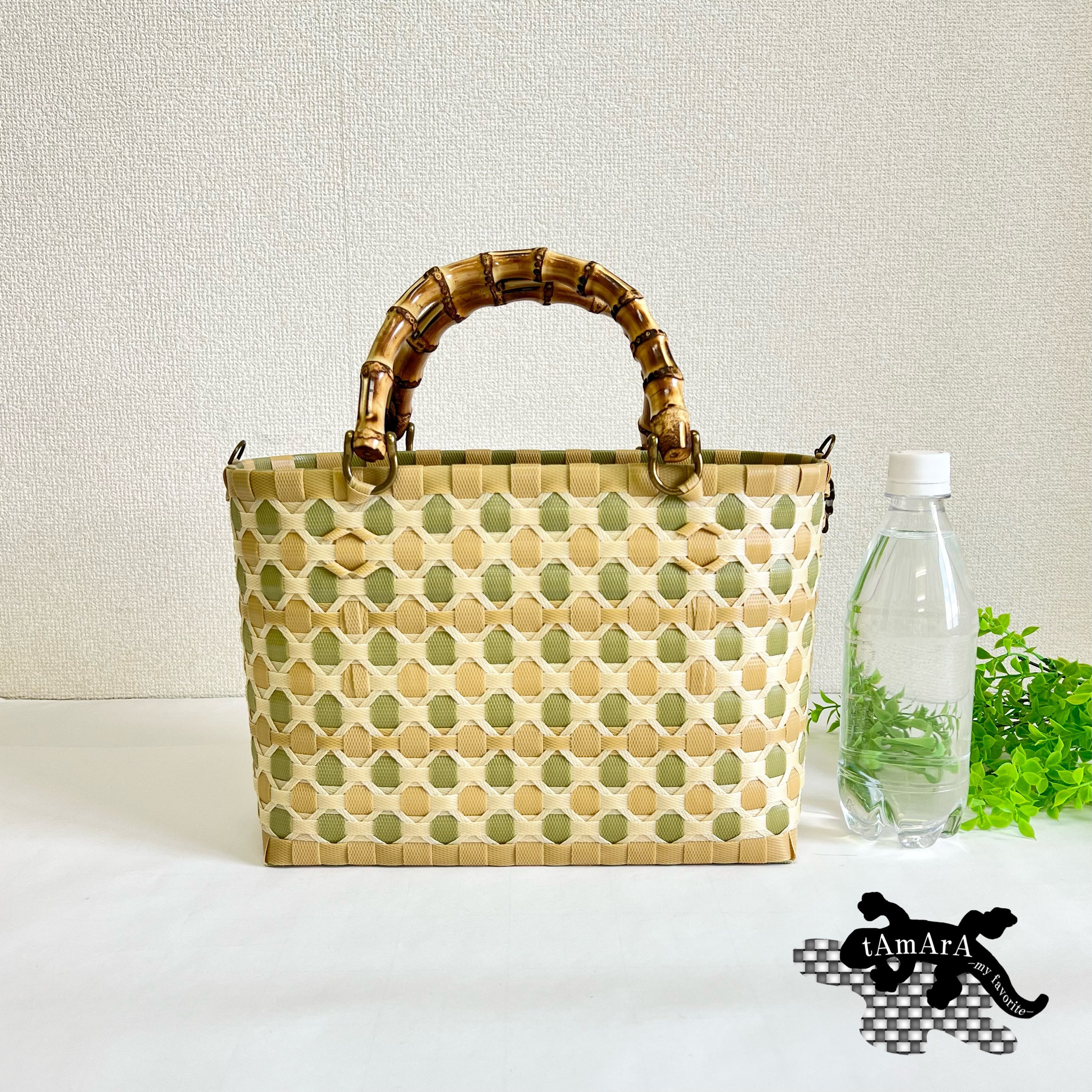 【受注製作】プラカゴ　Sサイズ/B5　S-0311　ブラウン*ベージュ*うぐいす　2way　バンブー　プラカゴバッグ