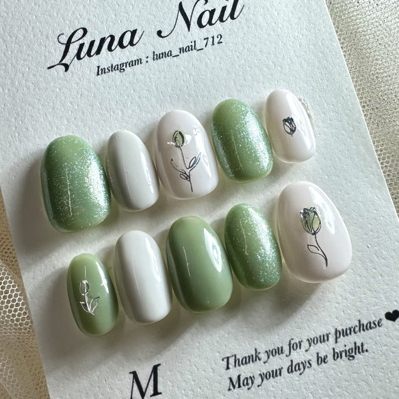 グリーンネイル 秋ネイル 大人ネイル オフィスネイル ガーリーネイル