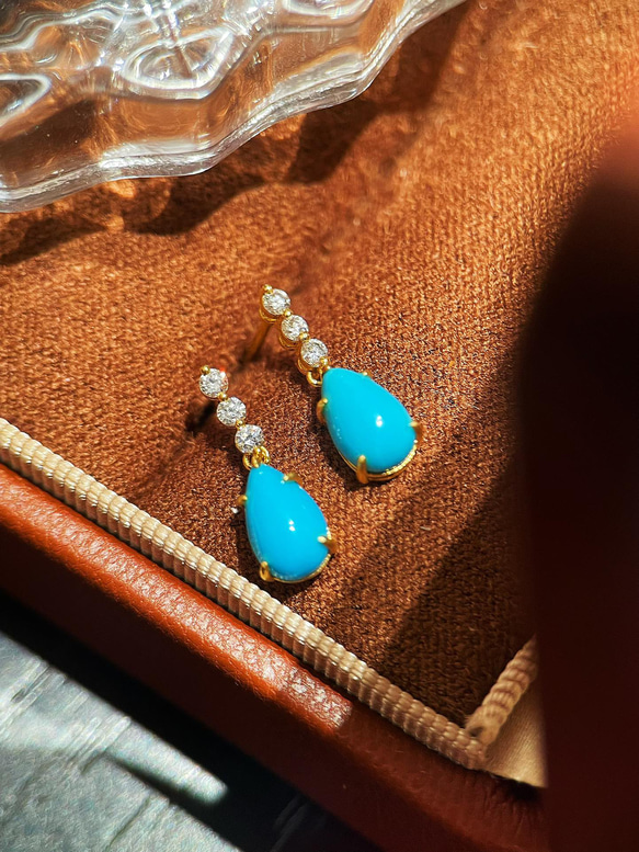天然ダイヤモンド付きターコイズピアスk18 ピアス（スタッド・一粒 