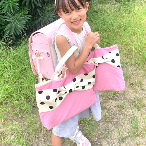 ハンドメイド オーダー レッスンバッグ キルティング ピンク ドット柄 ハンドメイド オーダー レッスンバッグ キルティング ピンク ドット柄