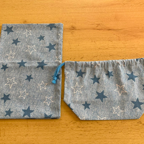 【オーダーメイド】入園入学グッズ　青星柄 ハンドメイド 入学グッズ（6点セット）・小学校 ☆001・水色・星柄