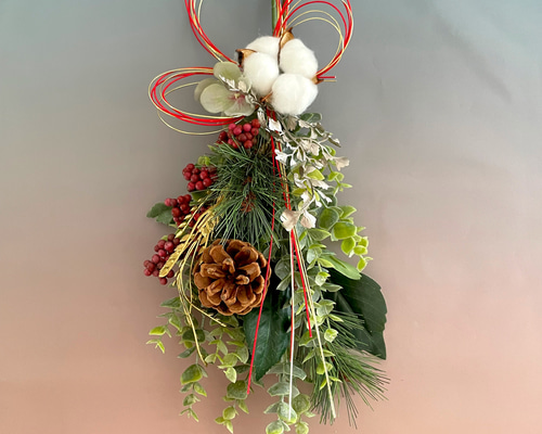 早割りお正月飾り＊綿花と松のお正月しめ縄飾り＊無料ラッピングあり