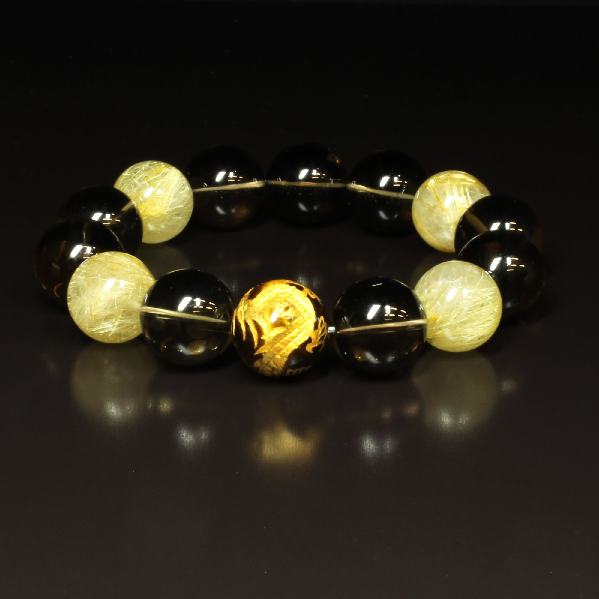 【ポジティブになりたい方に】14ミリ 風水神 皇帝龍 タイガーアイ スモーキークォーツ ゴールドルチル ブレスレット