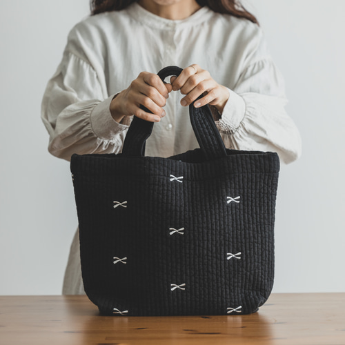 名入れができる！大流行のヌビバッグ/ブラック×白リボン 韓国直輸入