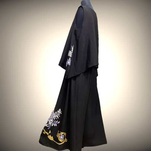 留袖 ブラックセットアップ ワイドパンツ ノースリー 着物リメイク 和