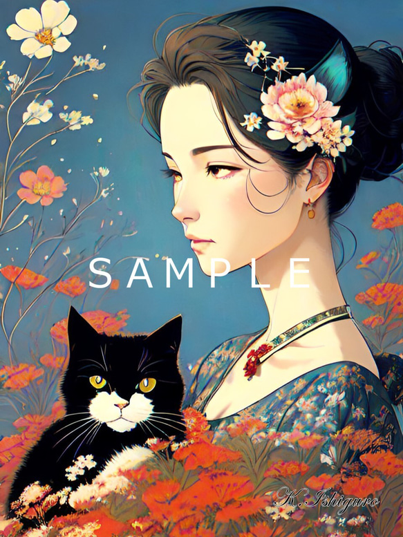 猫を抱く女性と花(オリジナルイラスト)A4 №s-3550 イラスト