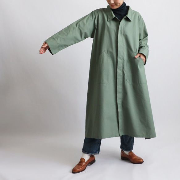 ⁑ラスト３　秋ＳＡＬＥ　サッと羽織る　コート ロング ワンピース大きな丸ポケット後ろスリット入グリーンT09B 8枚目の画像