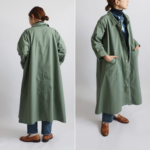 ⁑ラスト３　秋ＳＡＬＥ　サッと羽織る　コート ロング ワンピース大きな丸ポケット後ろスリット入グリーンT09B 10枚目の画像