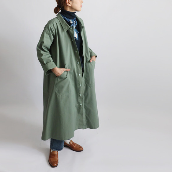 ⁑ラスト３　秋ＳＡＬＥ　サッと羽織る　コート ロング ワンピース大きな丸ポケット後ろスリット入グリーンT09B 11枚目の画像