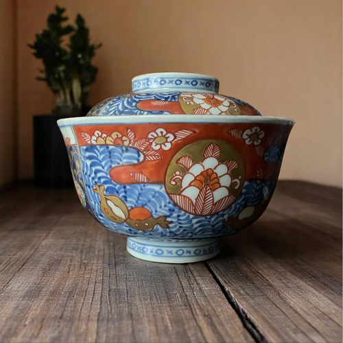 上手 伊万里赤絵冨貴長春蓋物碗 5客揃 江戸幕末期 茶碗・めし碗