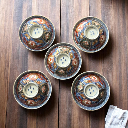 上手 伊万里赤絵冨貴長春蓋物碗 5客揃 江戸幕末期 茶碗・めし碗