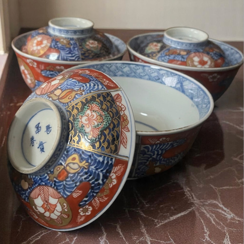上手 伊万里赤絵冨貴長春蓋物碗 5客揃 江戸幕末期 茶碗・めし碗
