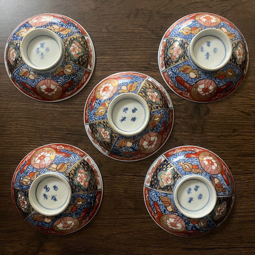 上手 伊万里赤絵冨貴長春蓋物碗 5客揃 江戸幕末期 茶碗・めし碗