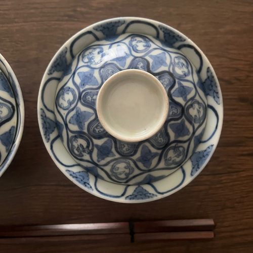 江戸時代】伊万里染付幾何学紋様蓋物碗2客セット 茶碗・めし碗