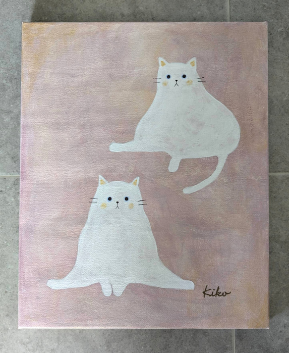 キャンバスアート　原画　「２匹の白い猫」 2枚目の画像