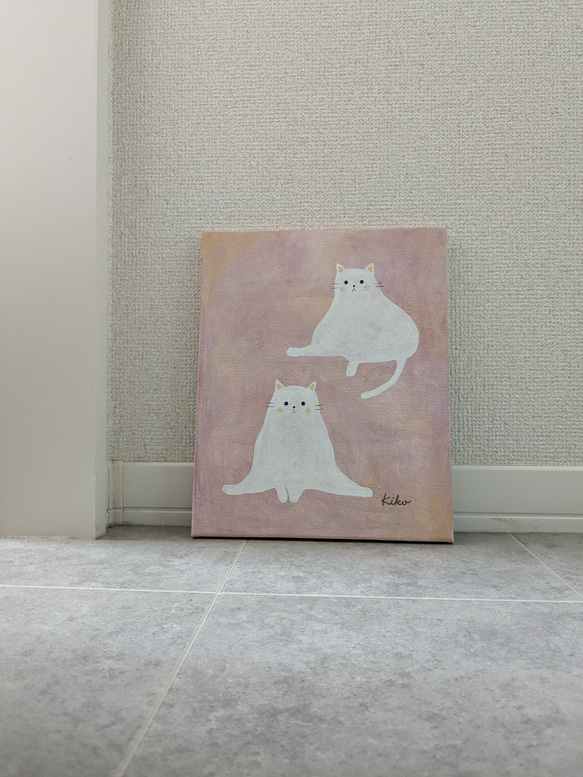 キャンバスアート　原画　「２匹の白い猫」 4枚目の画像