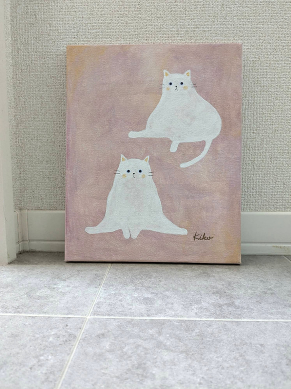 キャンバスアート　原画　「２匹の白い猫」 3枚目の画像
