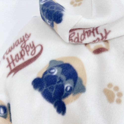 冬物犬服サイズオーダー☆パグちゃん柄フリースボアパーカー白フレブル 