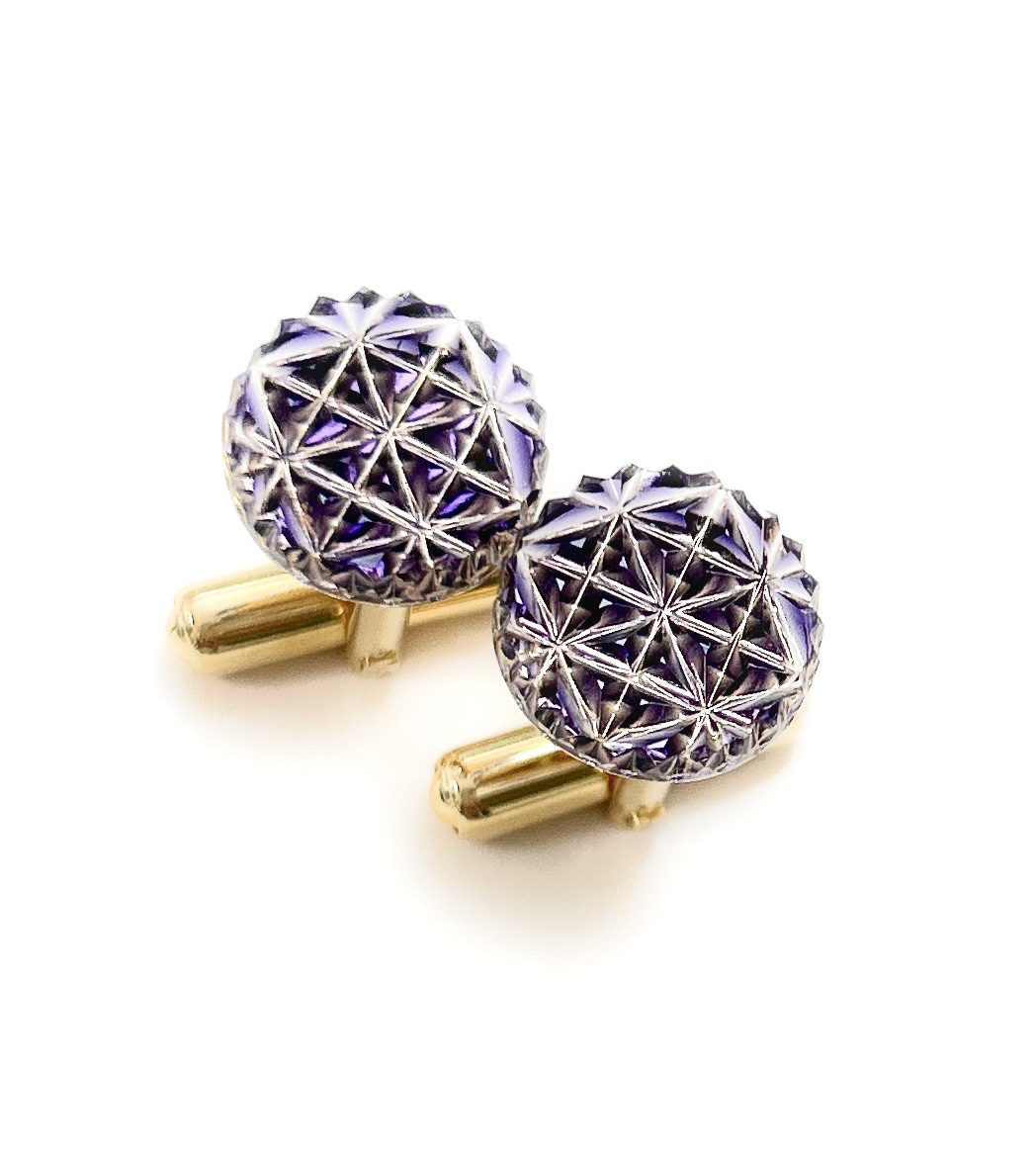 東京切子カフスボタン　麻乃葉　パープル・ゴールド（手磨き）
