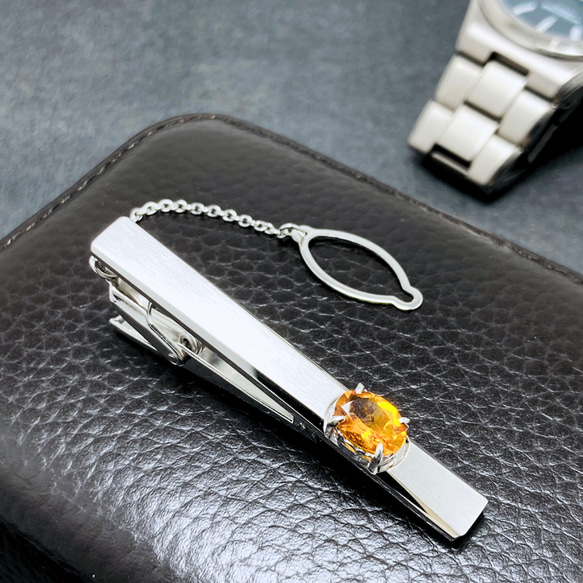 8×6 シトリン/黄水晶 シルバー 天然石ネクタイピン - 太陽の
