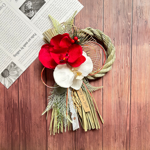 No.24 胡蝶蘭のい草しめ縄リース2025 ハンドメイド お正月飾り玄関