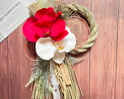 しめ縄リース　胡蝶蘭 No.24 胡蝶蘭のい草しめ縄リース2025 ハンドメイド お正月飾り玄関