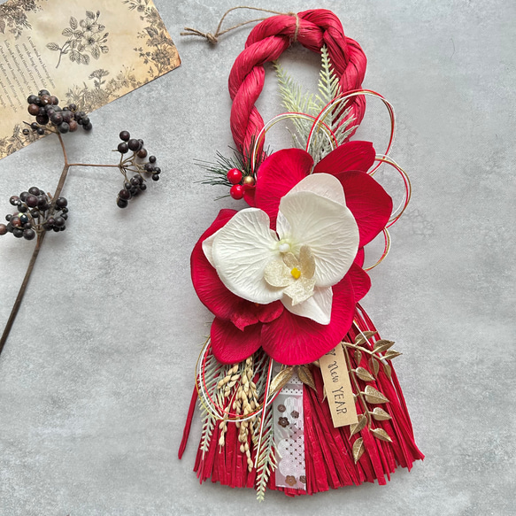 No.28 胡蝶蘭スワッグしめ縄リース2025 ハンドメイドお正月飾り玄関