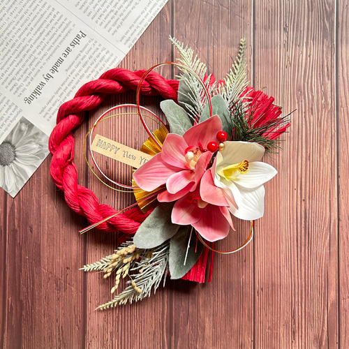 No.30 シンピジウムのカラーしめ縄リース2025 ハンドメイドお正月飾り