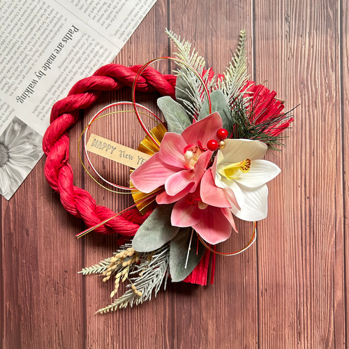 No.30 シンピジウムのカラーしめ縄リース2025 ハンドメイドお正月飾り