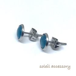 113【レイクブルーキャッツアイ】カボションピアス＊6mm 3枚目の画像